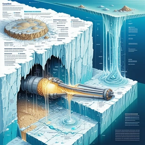 The Image Is A Detailed Illustration Of An Underwater Tunnel, With A Large Iceberg In The Center