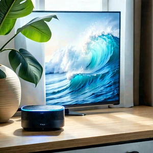 Tech Product Photography: Smart home device with (digital:1.42) artwork