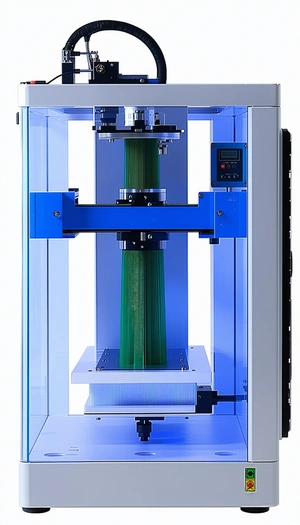 A Large Blue Machine With A Green Substance Coming Out Of It