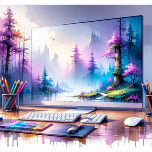 Tech Pastel Drawing: Entertainment Technology In Tech Office With Computer Monitor