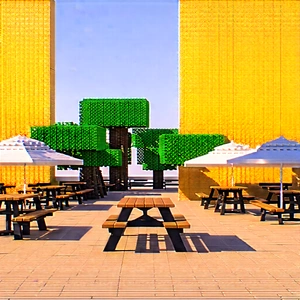 Urban Voxel Art: City Park With Outdoor Dining With Model Restaurant