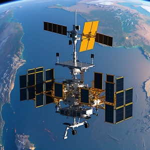 A Space Station With A Large, Yellow And Blue Satellite On Top Of It