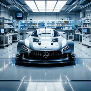 Tech Aerial Photography: Automotive Technology In Modern Laboratory With Large, Silver