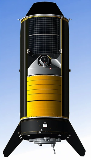 A Large Yellow And Black Satellite Is Shown In A Close-up View