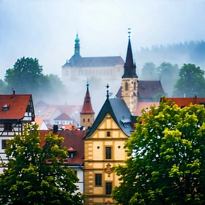 Urban Editorial Photography: Cityscape Of Historic City Center During Foggy Morning With Cityscape Large