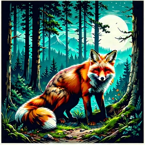 Nature Woodcut Print: Fox In Natural Habitat With Standing Forest,