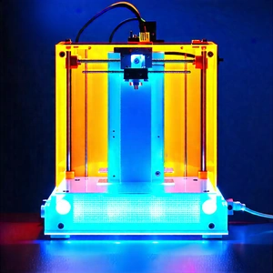 Tech Hdr Photography: 3d Printer With Blue Light (glow:1.18) With Blue Yellow