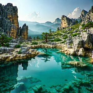 Nature Hdr Photography: Tranquil pond surrounded by rocky shores