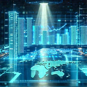 Financial Technology In Research Center With Large, Three-dimensional