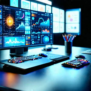 Futuristic (digital:1.28) Workspace With Desk Laptop