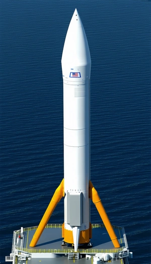 A Large White Rocket Is Floating On The Water, With A Yellow Fin On The Back