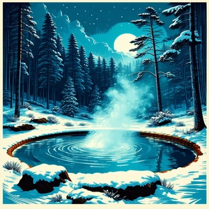 Nature Linocut Print: Hot Spring Surrounded By Snow-covered Trees With Image, There