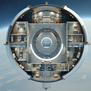 The Image Is A Futuristic Space Station With A Large Circular Room At Its Center