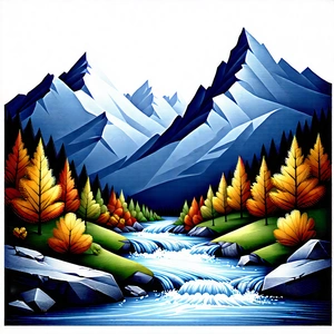 Nature Pencil Sketch: (mountain:1.46) Stream Surrounded By Autumn Trees With Beautiful Painting
