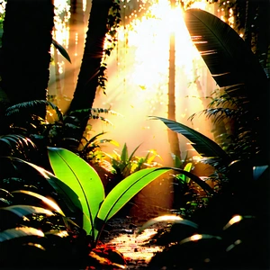 Nature Digital Art: Tropical Plants In Sunlit Clearing With Large Green