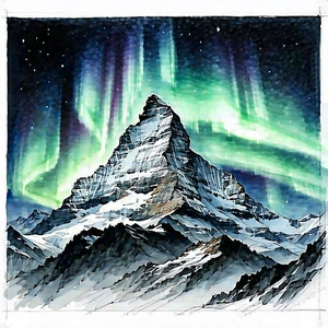 Nature Pencil Sketch: Northern Lights Over Mountain Peak With Majestic Mountain