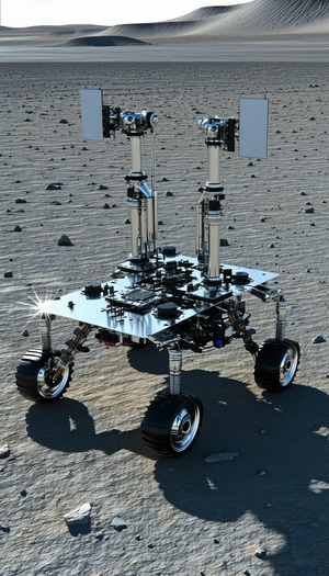 A Large, Silver Robotic Vehicle With A Flat Surface And A Large Antenna On Top