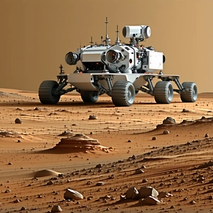 A Large, White, And Silver Robotic Vehicle, Possibly A Rover, Driving Across A Rocky Terrain