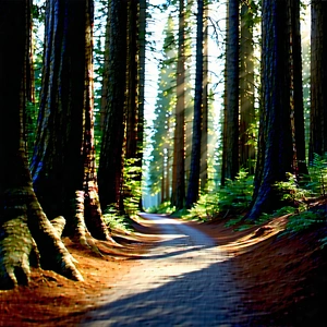 Nature Tilt-Shift Photography: Path through redwood (forest:1.11)