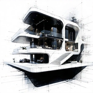 Tech Charcoal Drawing: Futuristic Smart Home With Drawing Large,