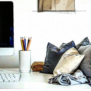 Lifestyle Pencil Sketch: Home office with comfortable textiles