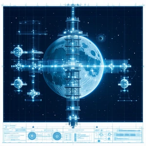The Image Is A Blue And White Drawing Of A Space Station With A Large Blue Globe In The Center