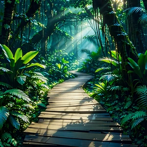 Nature Graphic Design: Path Through Tropical Jungle With Wooden Pathway