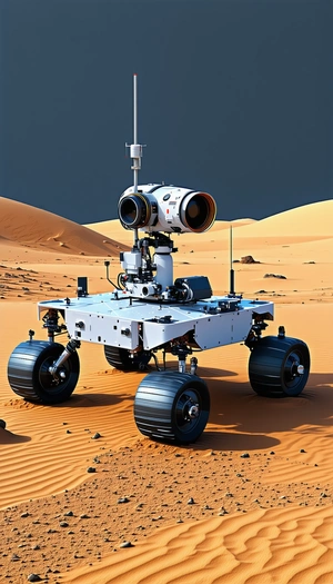 A White Robotic Vehicle With A Large Camera On Top Of It, Driving Across A Sandy Terrain