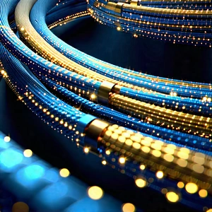 Close-up Of Fiber Optic Cables With Blue Wire