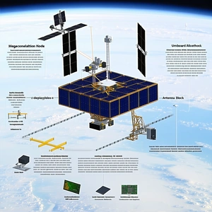 The Image Is A Poster That Features A Space Station With A Large Satellite Dish