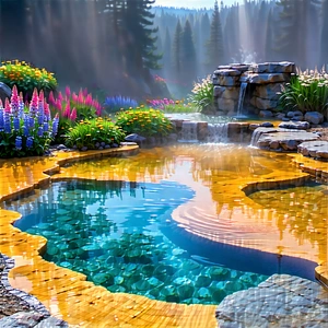 Nature Lithograph: Hot Spring Surrounded By Wildflowers With Image, There