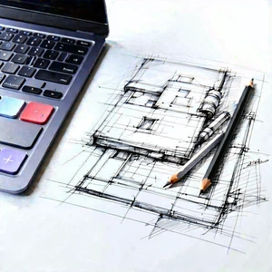 Business Pencil Sketch: Workplace with productivity tools on desk