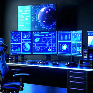 Futuristic (digital:1.36) Workspace With Image, There