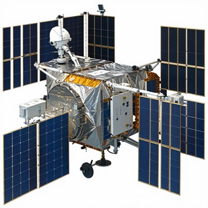 A Spacecraft With A Large Satellite Dish On Its Side
