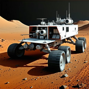 A Large White Vehicle Is Parked On A Red Dirt Surface
