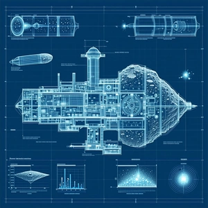 A Blue And White Drawing Of A Space Ship Is Displayed On A Page