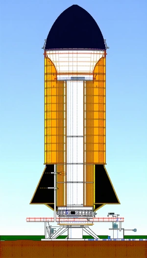 A Yellow And Black Rocket Ship Is Shown In A Blue Background