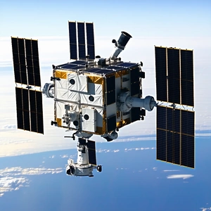 A Space Shuttle Is Flying Through The Sky, With A Large Satellite Attached To The Back Of It