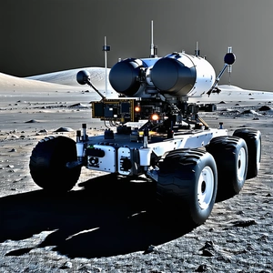 A Large Robotic Vehicle Is Parked On A Rocky Surface, Possibly On The Moon