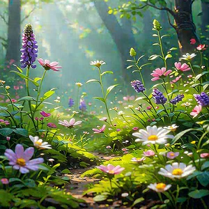 Nature Flat Design: Wildflowers In Natural Setting With Lush, Green