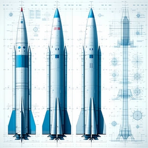A Blue Rocket Ship Is Shown In Three Different Stages Of Its Development