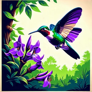 Nature Woodcut Print: Hummingbird In Natural Habitat With Colorful Hummingbird
