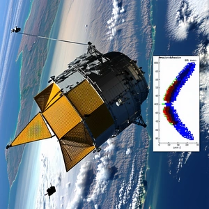 A Space Shuttle Is Flying Through The Sky, With A Large Satellite Attached To The Back Of It