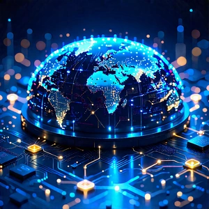 Blockchain Network Visualization With Blue, Glowing