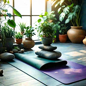 Lifestyle Digital Illustration: Wellness Scene With Yoga Mat And Plants With Image, There