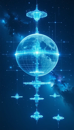 In This Image, There Is A Large Blue Globe That Is Surrounded By Several Smaller Blue Globes