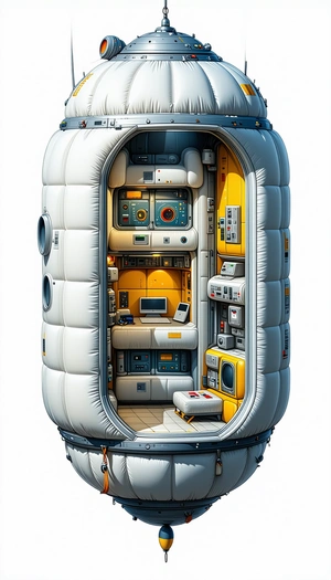 In The Image, There Is A Large White And Yellow Spacecraft With A Hollow Interior