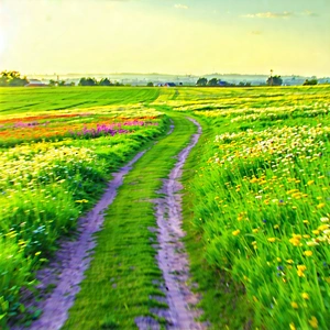 Nature Drone Photography: Path Through Flowering Meadow With Dirt Road