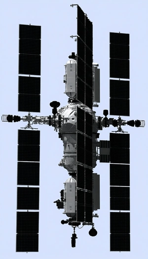 A Large Spacecraft Is Shown In A Blue Sky, With A Cross-like Structure On The Front