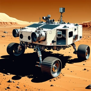 A Large, White, And Black Robotic Vehicle With Four Wheels, Sitting On A Sandy Surface